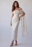 Off the Shoulder Champagne Bodycon Printed Midi Formal Dress with Cape