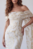 Off the Shoulder Champagne Bodycon Printed Midi Formal Dress with Cape