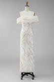 Champagne Off the Shoulder Bodycon Printed Maxi Formal Dress