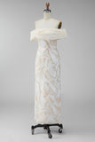 Champagne Off the Shoulder Bodycon Printed Maxi Formal Dress