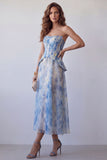 A-Line Dusty Blue Chiffon Strapless Floral Midi Formal Dress