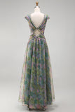 Chiffon Dusty Sage A-Line V-Neck Ruched Long Formal Dress