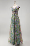 Chiffon Dusty Sage A-Line V-Neck Ruched Long Formal Dress