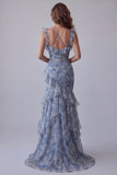 Mermaid Dusty Blue Chiffon Ruched Floral Long Formal Dress with Ruffles