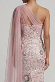 Mermaid Beaded Sparkly Pink Long Mother of the Bride Dress with Side Cape