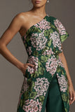 Dark Green Floral One Shoulder Long Mother of the Bride Jumpsuits with Pockets