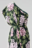 Dark Green Floral One Shoulder Long Mother of the Bride Jumpsuits with Pockets