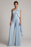 Ruffled One Shoulder Sky Blue Floral Long Mother of the Bride Jumpsuits with Lace