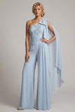 Ruffled One Shoulder Sky Blue Floral Long Mother of the Bride Jumpsuits with Lace