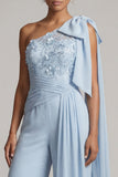 Ruffled One Shoulder Sky Blue Floral Long Mother of the Bride Jumpsuits with Lace