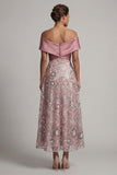 Sparkly Pink A Line Long Off the Shoulder Beaded Mother of the Bride Dress