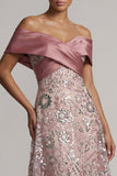 Sparkly Pink A Line Long Off the Shoulder Beaded Mother of the Bride Dress