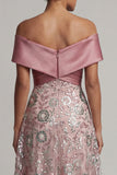Sparkly Pink A Line Long Off the Shoulder Beaded Mother of the Bride Dress