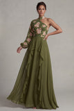 Eucalyptus One Shoulder Floral Halter A Line Ruffled Mother of the Bride Dress