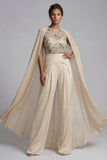 Champagne Applique Ruched Round Neck Mother Outfit with Cape