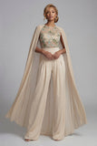 Champagne Applique Ruched Round Neck Mother Outfit with Cape