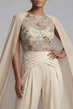 Champagne Applique Ruched Round Neck Mother Outfit with Cape