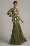 Eucalyptus Halter Mermaid One Shoulder Mother of the Bride Dress with Long Sleeves