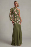 Eucalyptus Halter Mermaid One Shoulder Mother of the Bride Dress with Long Sleeves