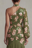 Eucalyptus Halter Mermaid One Shoulder Mother of the Bride Dress with Long Sleeves