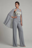 Grey Blue Appliqued Halter Mother of the Bride Jumpsuit with Cape