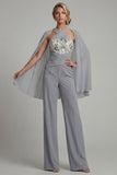 Grey Blue Appliqued Halter Mother of the Bride Jumpsuit with Cape
