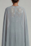 Grey Blue Appliqued Round Neck Motherof the Bride Jumpsuit with Cape