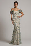 Dusty Sage Off the Shoulder Mermaid Sequin Mother of the Bride Dress with 3D Flowers