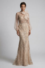 Champagen High Neck Mermaid Appliqued Mother of the Bride Dress with Bow