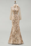 Champagen High Neck Mermaid Appliqued Mother of the Bride Dress with Bow