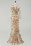 Champagen High Neck Mermaid Appliqued Mother of the Bride Dress with Bow