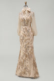 Champagen High Neck Mermaid Appliqued Mother of the Bride Dress with Bow