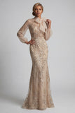 Champagen High Neck Mermaid Appliqued Mother of the Bride Dress with Bow