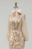 Champagen High Neck Mermaid Appliqued Mother of the Bride Dress with Bow