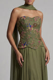 Olive Strapless A Line Appliqued Mother of the Bride Dress with Scarf