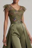 Olive Appliqued V Neck Mother of the Bride Jumpsuit with Flutter Sleeves