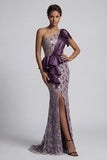 Sparkly One Shoulder Purple Mermaid Sequin Mother of the Bride Dress with Slit