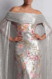 Sparkly Silver Sequin Floral Mermaid Long Mothe Of the Bride Dress with Cape