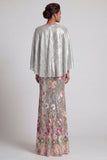 Sparkly Floral Silver Sequin Mermaid Long Mother Of the Bride Dress with Cape