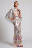 Sparkly Floral Silver Sequin Mermaid Long Mother Of the Bride Dress with Cape
