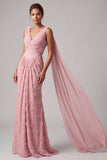 Pink Floral V-Neck Mermaid Long Mother Of the Bride Dress with Streamer