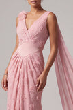 Pink Floral V-Neck Mermaid Long Mother Of the Bride Dress with Streamer