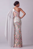 Sparkly Silver Floral Sequin One Shoulder Long Mother Of the Bride Dress with Side Cape