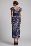 Navy Floral Sheath Ruffle Sleeves Long Mother Of the Bride Dress