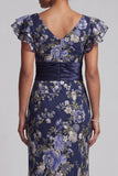 Navy Floral Sheath Ruffle Sleeves Long Mother Of the Bride Dress