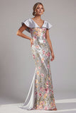 Sparkly Silver Floral Sequin Mermaid Long Mother Of the Bride Dress with Cape
