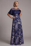 Navy Floral Beaded A Line Long Mother Of the Bride Dress with Cape