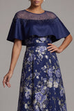 Navy Floral Beaded A Line Long Mother Of the Bride Dress with Cape