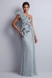 Sparkly Dusty Blue Chiffon Ruffled One Shoulder Long Mother Of the Bride Dress