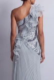 Sparkly Dusty Blue Chiffon Ruffled One Shoulder Long Mother Of the Bride Dress